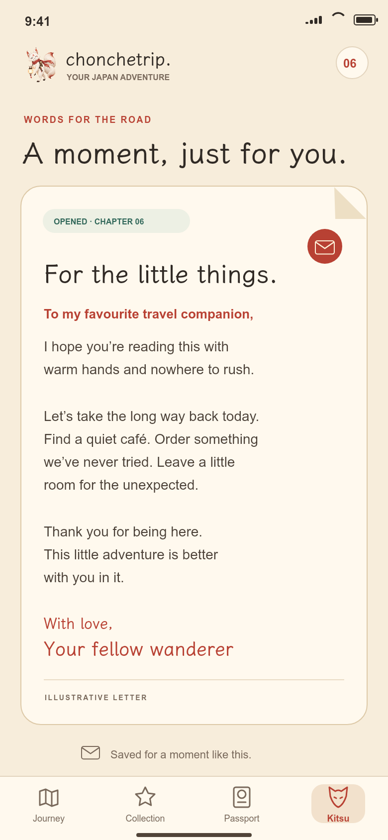 English example of a personal letter on warm paper inside the app